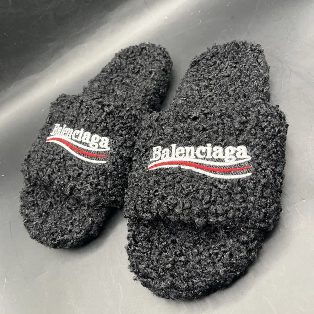 Balenciaga Men’s Black Fur Slide Sandals Logo Embroidered Slip-On EUR SZ 39 New